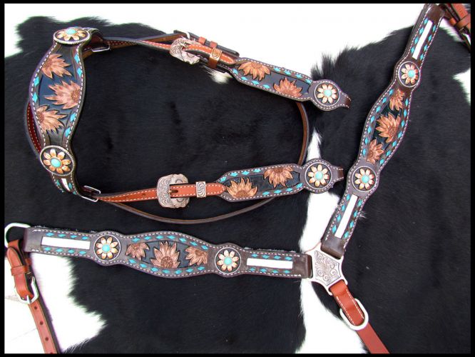 Showman Sunflower Tooled Leather Browband headstall and breastcollar set with cowhide inlays #3